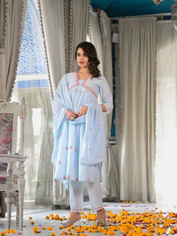 Varanga Women Blue Sequin And Thread Embroidered A-Line Kurta Paired With Tonal Bottom And Tonal Embroidered Dupatta